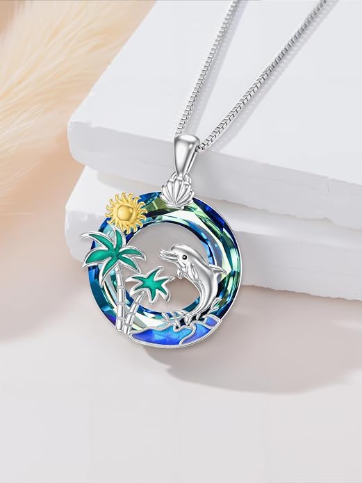 Midari Ocean Necklace 925 Sterling Silver Flamingo Mama Bear Dolphin Penguin Sea Turtle Axolotl Desert Cactus Nautical Rudder Tropical Palm Compass Wave Pendant Boho Jewelry Gifts for Women Men