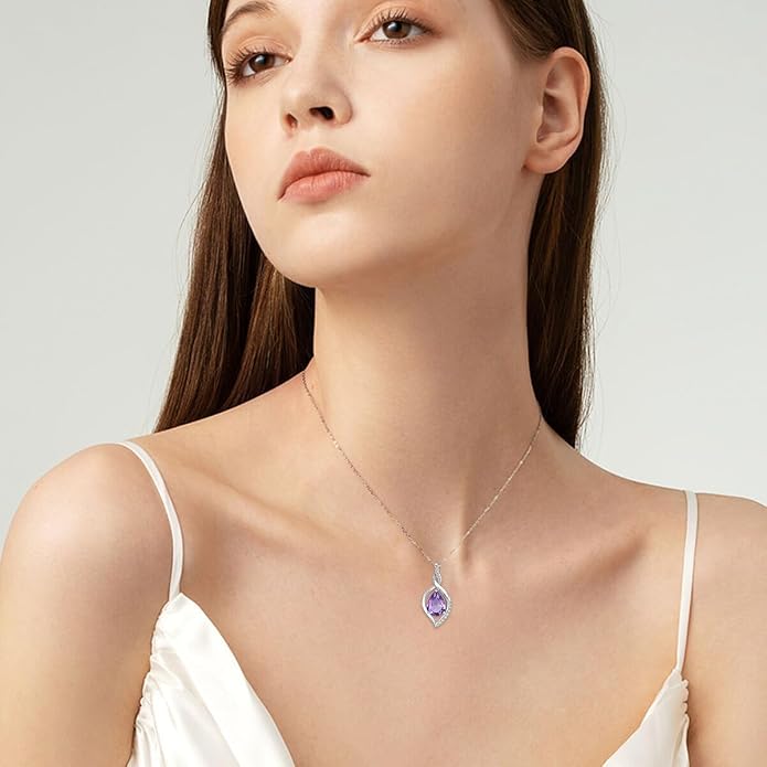 Natural Amethyst Necklace for Women 925 Sterling Silver Purple February Teardrop Birthstone Pendant Jewelry Birthday Gifts for Mom Women