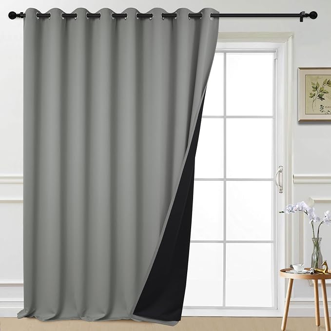 Yakamok Dove Grey Blackout Patio Door Curtain Panels W100 x L108,1 Panel | Noise Reducing Barrier Panel for Sliding Glass Door, 2 Thick Layers Heat Full Light Blocking Patio Door Drapery