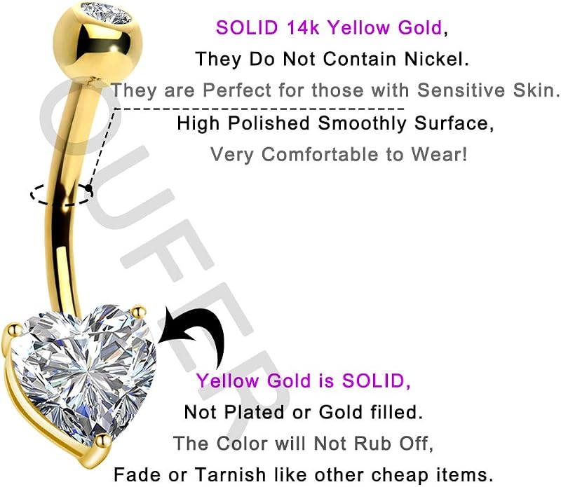 OUFER Belly Navel Rings - 14K Solid White Gold Heart Solitaire Cubic Zirconia Belly Button Rings