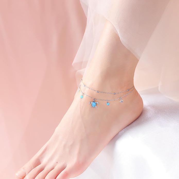 Ladytree S925 Sterling Silver Boho Beach Double Layer Anklets Bracelet for Women Adjustable 9 to 11 inches