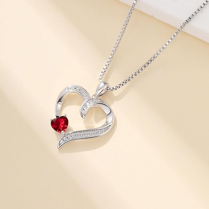 Love Heart Necklace for Women, 925 Sterling Silver Cubic Zirconia Birthstone Heart Pendant Jewelry Gift for Mom, Mother, Wife, Girlfriend on Birthday, Mother's Day, Chain 18 inch