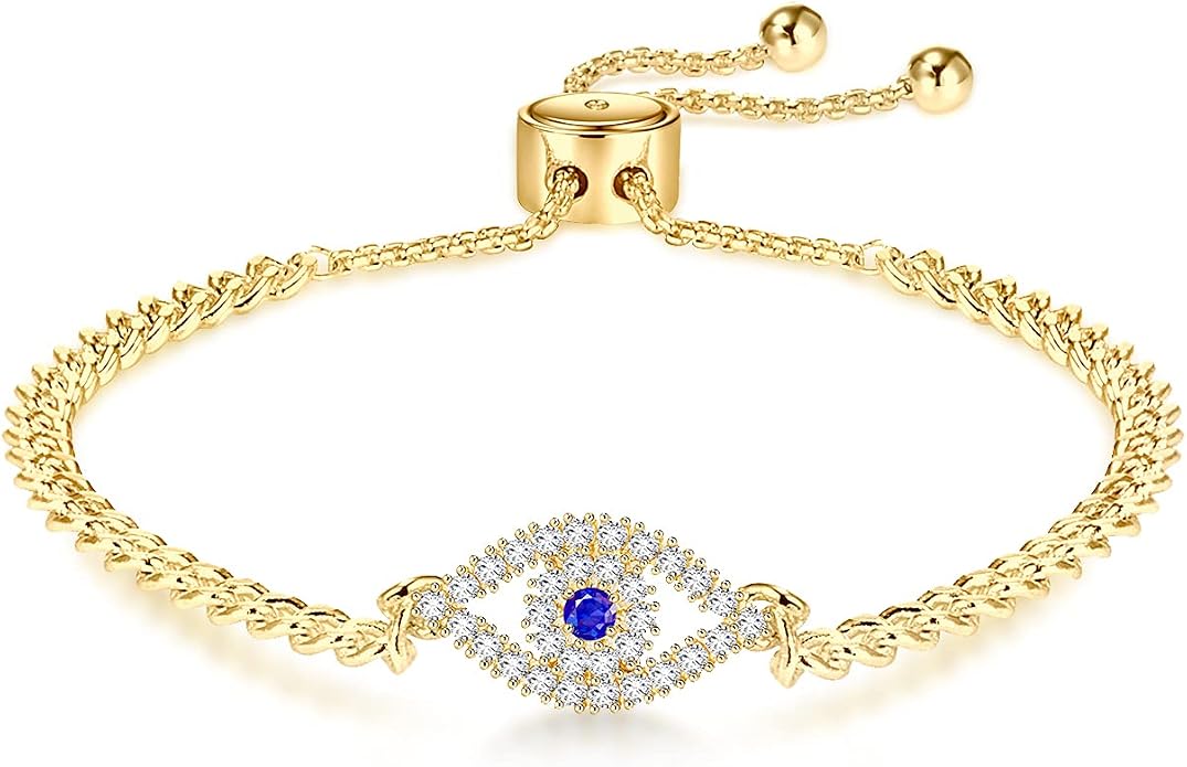 Apsvo Evil Eye Bracelet, Sideway Cross Bracelet, Silver 14K Gold Plated Bracelet for Women Adjustable Slide Chain Jewelry