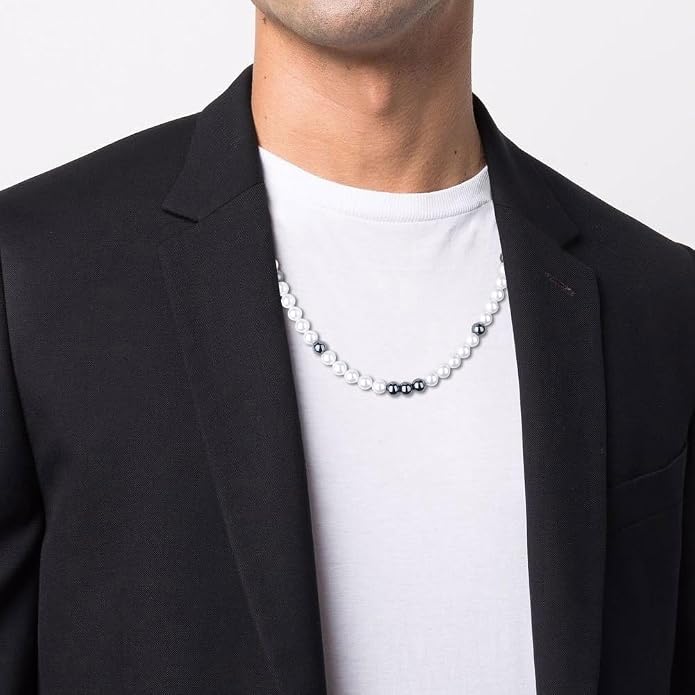 GAVU Men's Pearl Necklace, Pearl Jewelry Crystal Beaded Necklace for Men 20"/22"/24"/26"