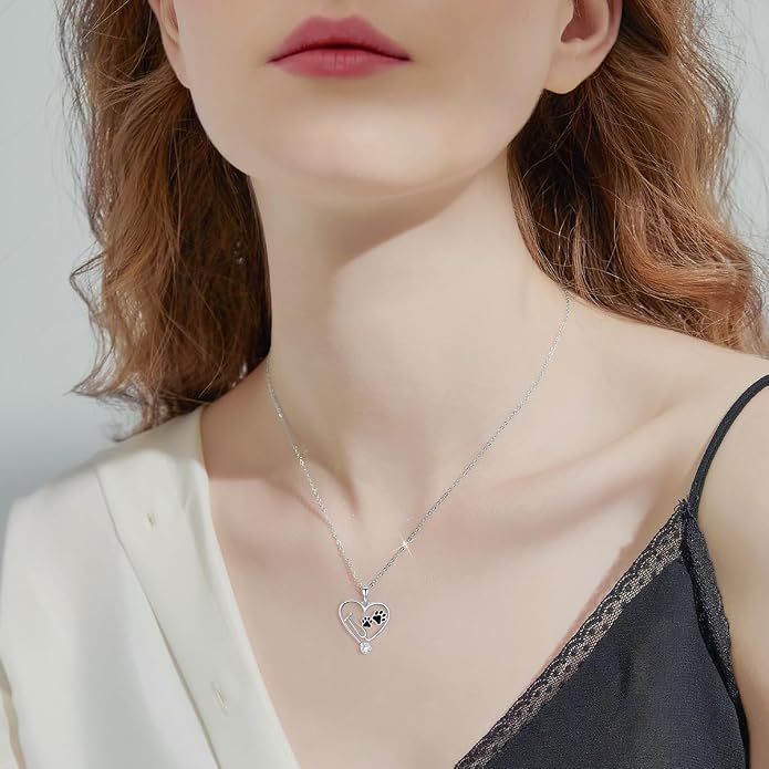 Birthstone Veterinary Stethoscope Necklace 925 Sterling Silver Nurse Vet Pendant with Dog Paw Nurse Jewelry Gifts for Veterinarian Nurse Women Veterinarian Gifts