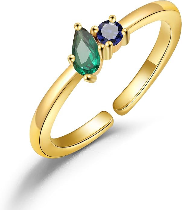 JSJOY Birthstone Rings for Women Dainty Emerald Blue Ring Birthday Gifts for Mom Her Gemstones CZ Ring for Teens Gold Rings That Don't Tarnish Adjustable Ring Jewelry Gifts