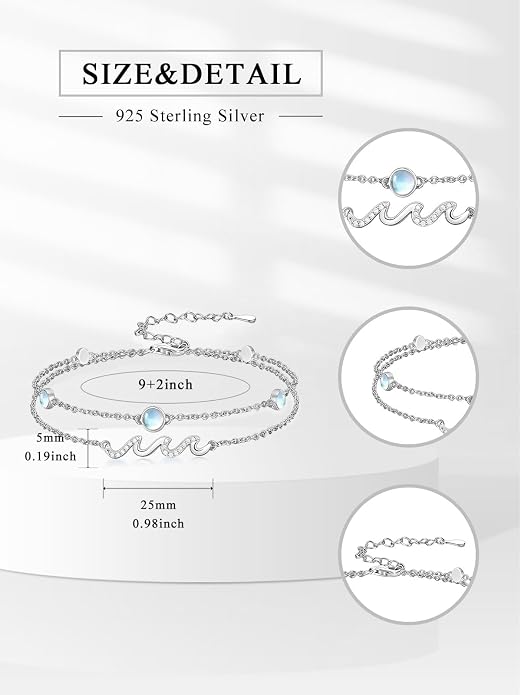 Wave/Dolphin Bracelet/Sea Turtles Anklet 925 Sterling Silver Adjustable Moonstone Bracelet/Anklet Summer Ocean Jewelry Gifts for Women