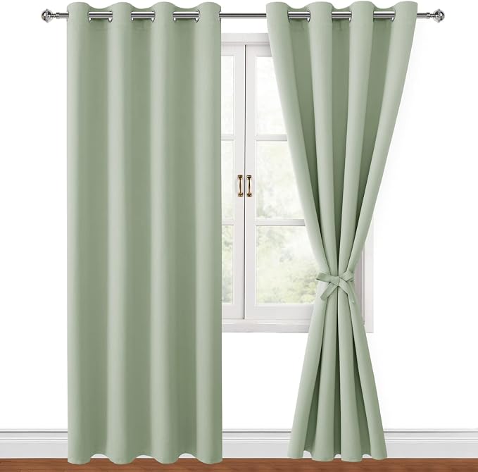 Hiasan Blackout Curtains for Bedroom, 52 x 84 Inches Long - Thermal Insulated & Light Blocking Window Curtains for Living Room/Kids Room, 2 Drape Panels Sewn with Tiebacks, Seafoam Green