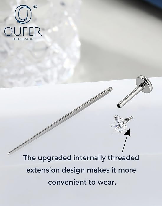 OUFER 18G 6/7/8MM Flat Back Cartilage EarRings-3PCS Gold Titanium Extended Internally Threaded Lip Piercing 2/3/4MM Round Clear CZ Helix Piercing Jewelry