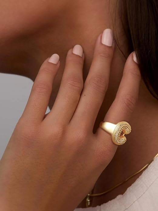 KeyStyle Bold Initial Letter Rings Adjustable, GoldChic Jewelry Women Gold Statement Ring Personalized Engraved Women’s Open Signet Ring for Party (Gold, White Gold, Black)