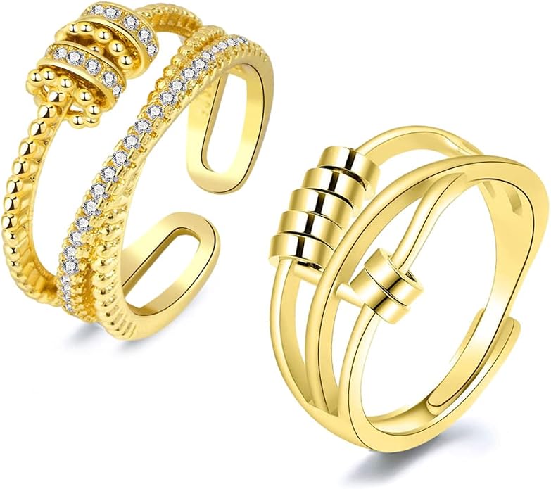 2pcs Fidget Band With Beads Spinner Rings for Women,Anti Anxiety Ring Stainless Steel Ring Sand Blast Finish.Unisex Adjustable Stacking Worry Ring