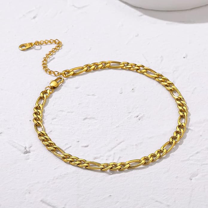 GoldChic Adjustbale Link Chain Anklet for Women Summer Jewelry, 316L Stainless Steel Figaro/Wheat/Twist Rope/Cuban Foot Bracelet-Waterproof, Resizable 9"-12" (Gift Box Included)