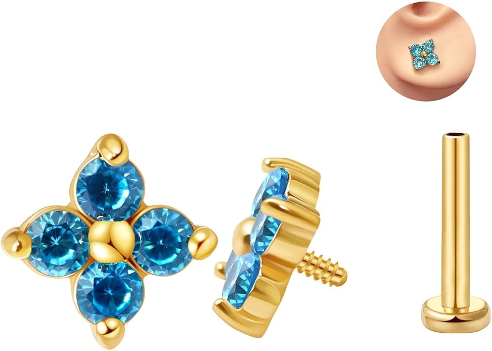 FANSING CZ Flower Internally Threaded Flat Back Earring Labret Stud for Cartilage Tragus Helix Conch