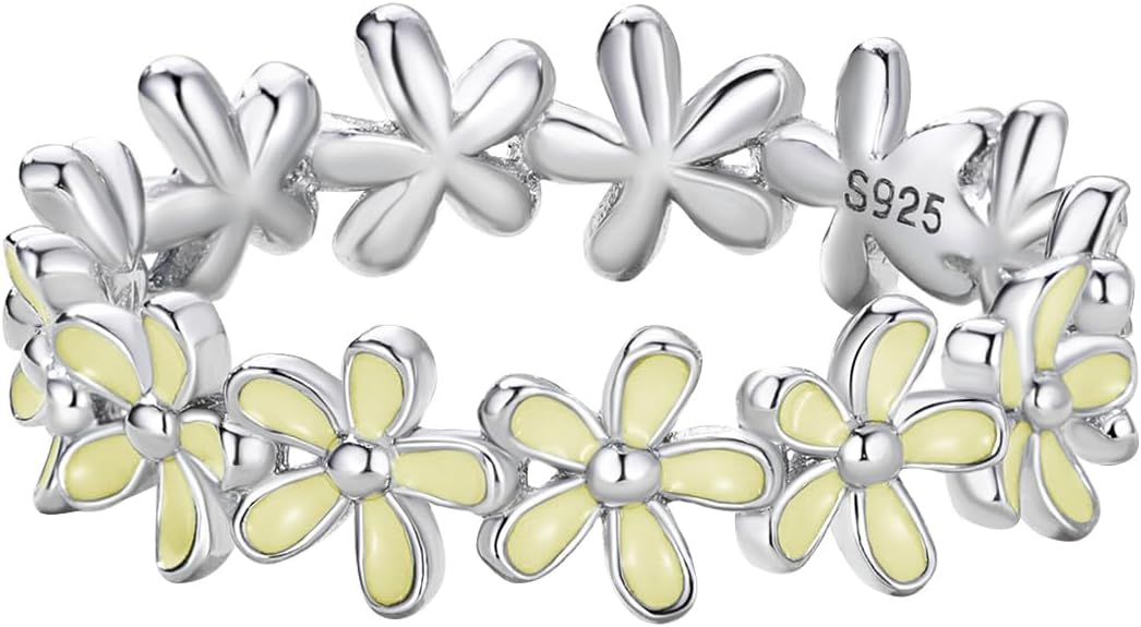925 Sterling Silver Dainty Daisy Butterfly Paw Heart Eternity Rings Blue Flower Finger Rings for Women Stacking Promise Rings Gift Jewelry