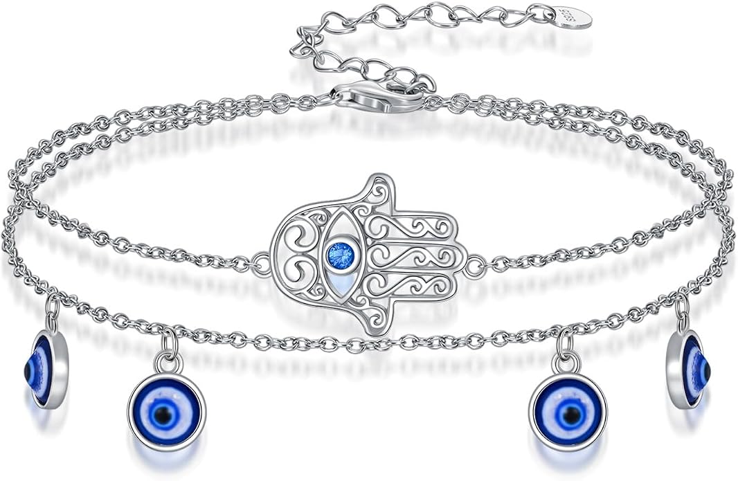 Dragonfly/Evil Eye/Hamsa Evil Eye/Lotus/Mushroom Anklet Bracelets for Women Sterling Silver Adjustable Double Layered Bracelet Anklet Mother's Day Jewelry Gifts Beach Jewelry