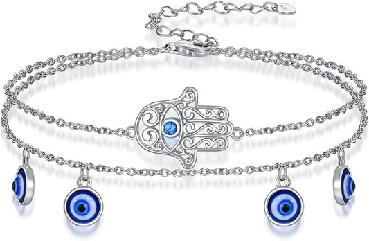 Dragonfly/Evil Eye/Hamsa Evil Eye/Lotus/Mushroom Anklet Bracelets for Women Sterling Silver Adjustable Double Layered Bracelet Anklet Mother's Day Jewelry Gifts Beach Jewelry