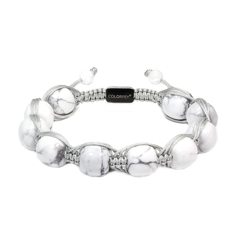 Protection Crystal Howlite Bracelet for Men, Authentic Mens Bracelet Beads Energy Howlite Stone Bracelets White Handmade Beaded Jewelry, Masculine Drawstring Bracelets Chirstmas Gift for Him