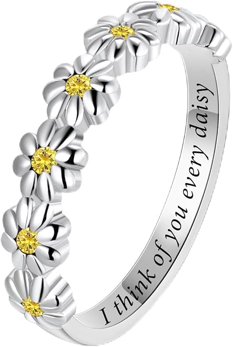 Dainty Daisy Ring for Women, S925 Sterling Silver Cubic Zirconia Sunflower Flower Ring For Daughter, I Think Of You Every Daisy Ring, Birthstone Flower Ring