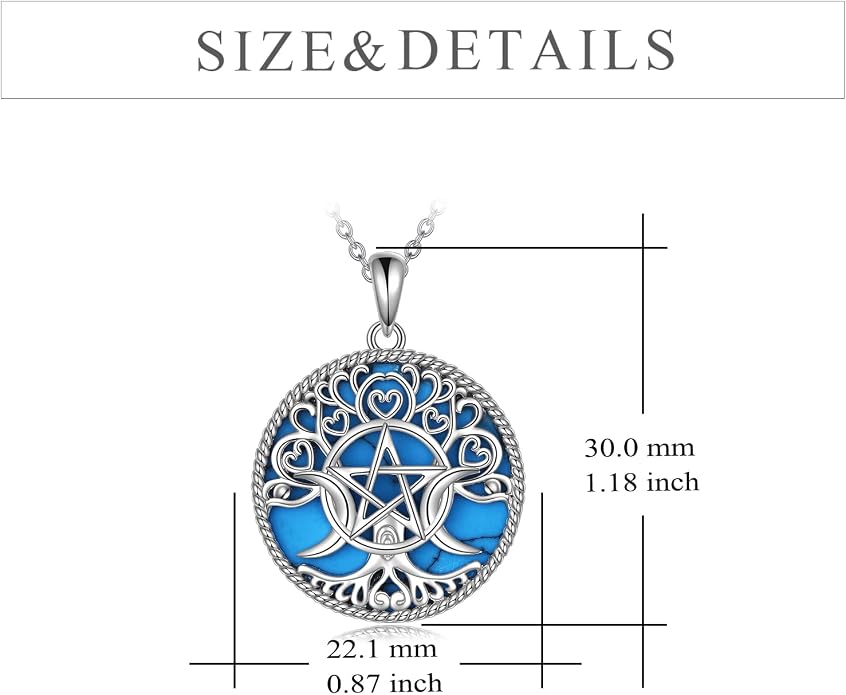 YFN Triple Moon Goddess Necklace Sterling Silver Pentagram Pentacle Opal Pendant necklace Pagan Wiccan Magic Amulet Tree of Life Jewelry for Women Men 18"