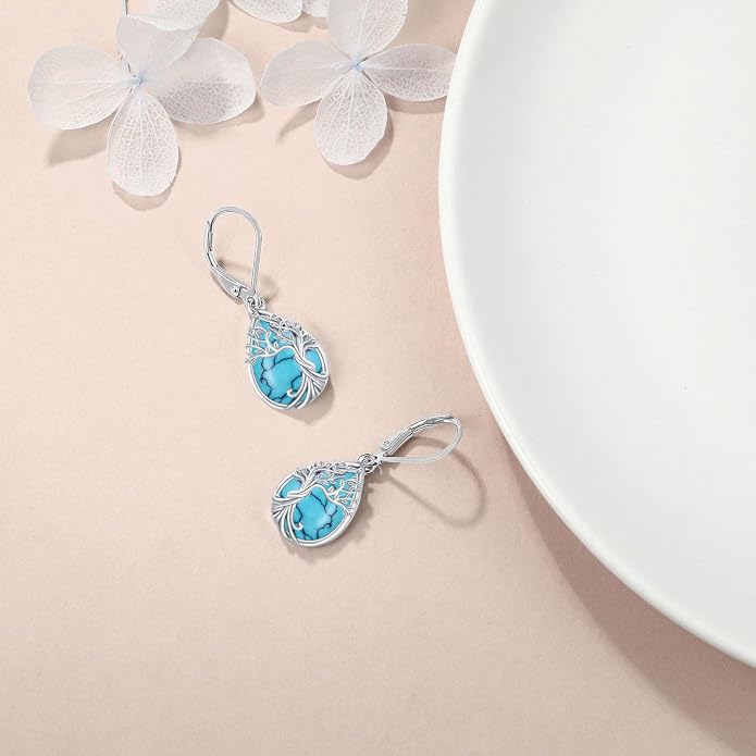 Odinstone 925 Sterling Silver Earrings Tree of Life Teardrop Moonstone Dangle Drop Leverback Earrings for Women