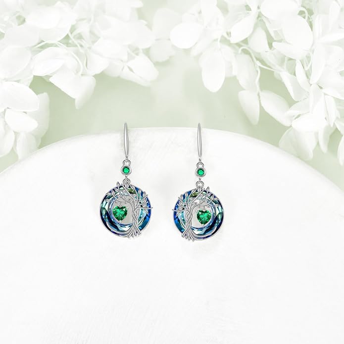 POPLYKE Tree of Life Birthstone Earrings 925 Sterling Silver Dainty Gemstone Birthstone Dangle Drop Earring with Crystal Fine Jewelry Birthday Gifts for Women Her