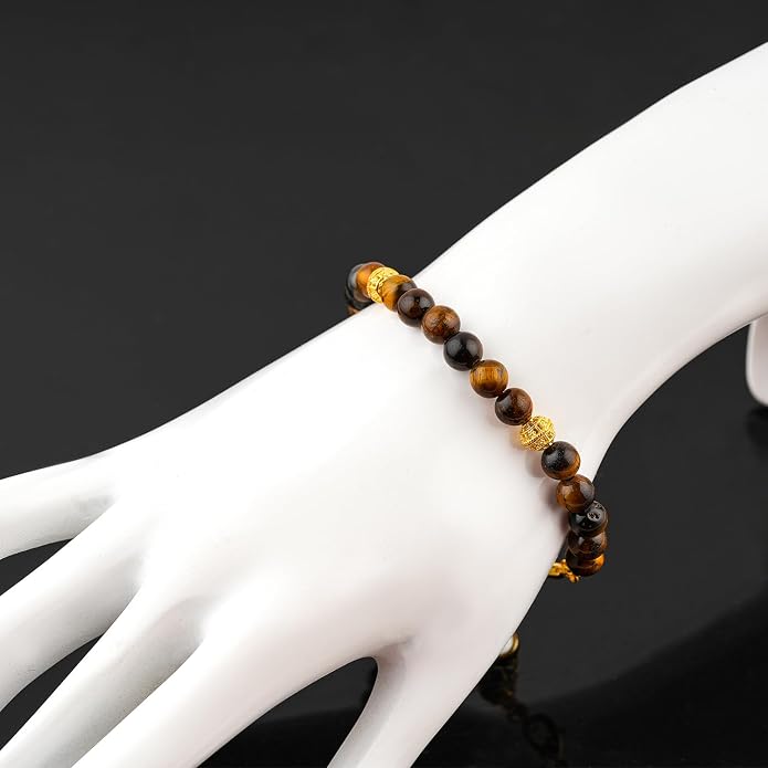 AAA Grade Natural Gemstone Beaded Bracelet, 14K Gold Plated with Evil Charm, Wicca & Reiki Healing Crystals, Handmade Bohemian Jewelry, Christmas Gift for Women (7+1inch)