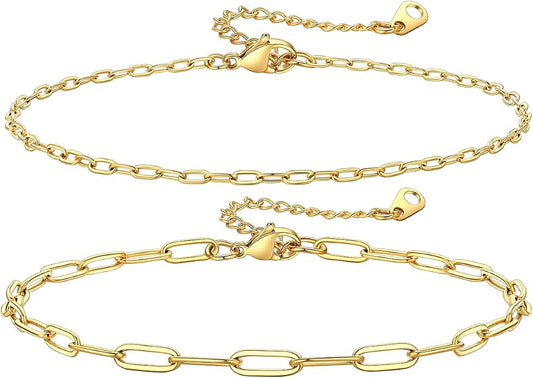 KeyStyle Paperclip Ankle Bracelets for Women, 14k Gold Plated Cuban Chain Rope LInk Anklets Sets, Stainless Steel Figaro Layered Anklet Pack Summer Jewelry(2PCS, 3PCS)