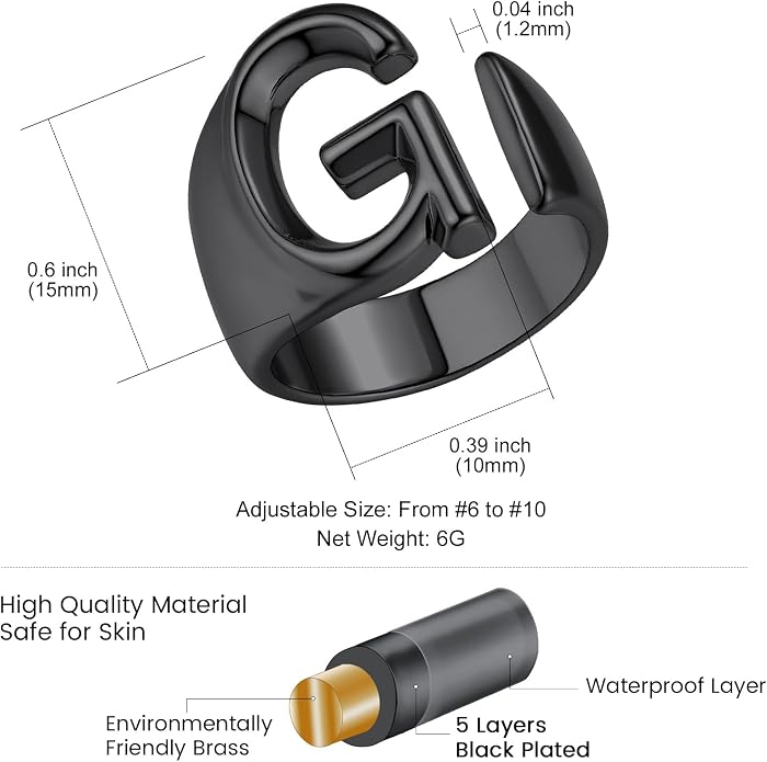 KeyStyle Bold Initial Letter Rings Adjustable, GoldChic Jewelry Women Gold Statement Ring Personalized Engraved Women’s Open Signet Ring for Party (Gold, White Gold, Black)