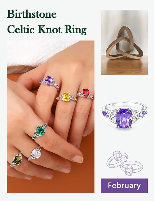 925 Sterling Silver Birthstone Rings for Women Cushion Cut Engagement Celtic Knot Ring Irish Jewelry Created Gemstone Anniversary Rings Size 6-10(with Box)