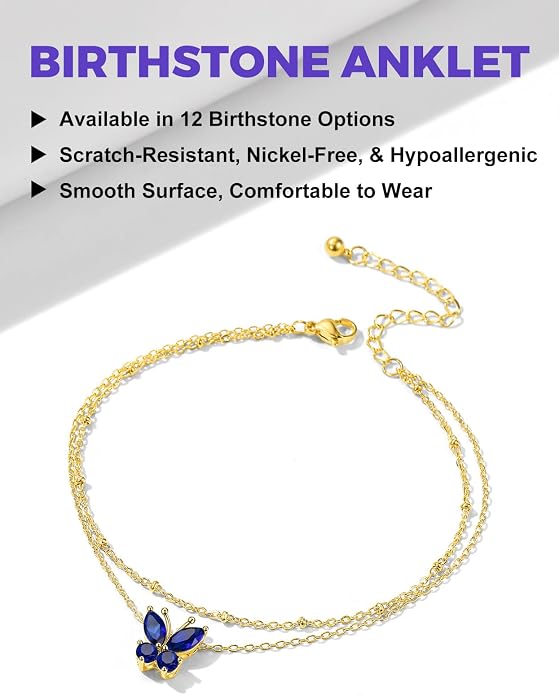 Richsteel Double Layer Heart/Butterfly Birthstone Anklet for Women Non Tarnish Waterproof, Silver/Gold/Black Stainless Steel 8.5-10.5 Inch Adjustable Chain Anklets Jewelry Gifts for Her