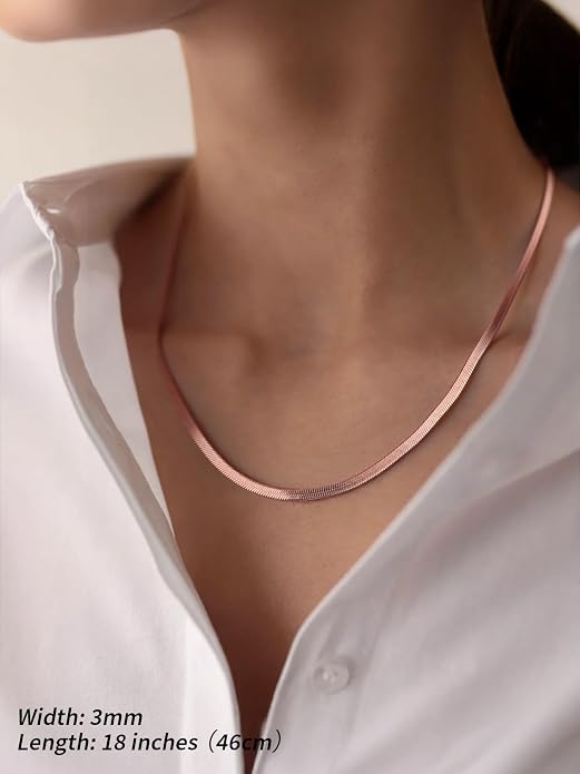 FindChic Black/14K Gold Plated Herringbone Choker Chain Necklace for Women | Waterproof Stainless Steel, Dainty Layering, Flat Snake Chain, Non-Tarnish, Hypoallergenic, Adjustable Extender, Gift Box