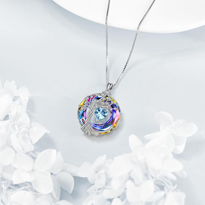 POPLYKE Mothers Day Gifts for Mom Her Wife Tree of Life Necklace 925 Sterling Silver Birthstone Pendant with Crystal Anniversary Birthday Wedding Jewelry for Women