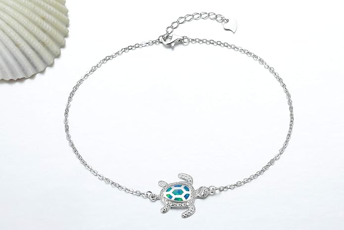 Blue Opal Sea Turtle Ankle Bracelet Sterling Silver Anklet Fine Jewelry For Women Gifts (Large Bracelet)
