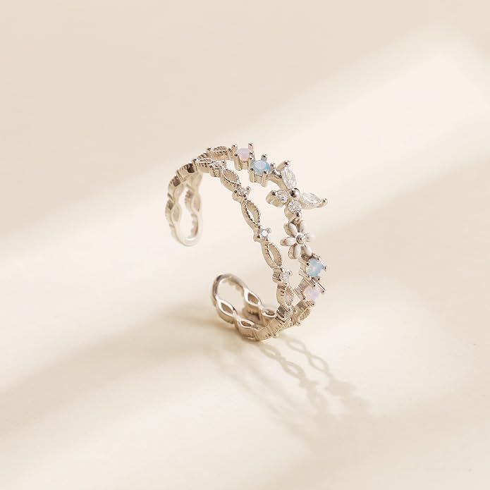 LOVECOM 925 Sterling Silver Butterfly Daisy Flower Rings for Women Mothers Self Love Ring for Myself Adjustable Gold Layered Colorful Opal Cubic Zirconia Stackable Ring Jewelry Gifts to Daughter