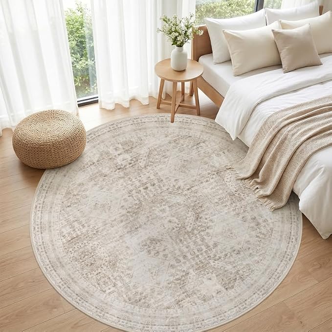 Round Area Rug for Living Room: 8ft Vintage Boho Neutral Washable Circle Rug Soft Large Circular Carpet for Bedroom Nursery Farmhouse Dining Room Office Floor Non-Slip Low Pile Under Table Rug Brown