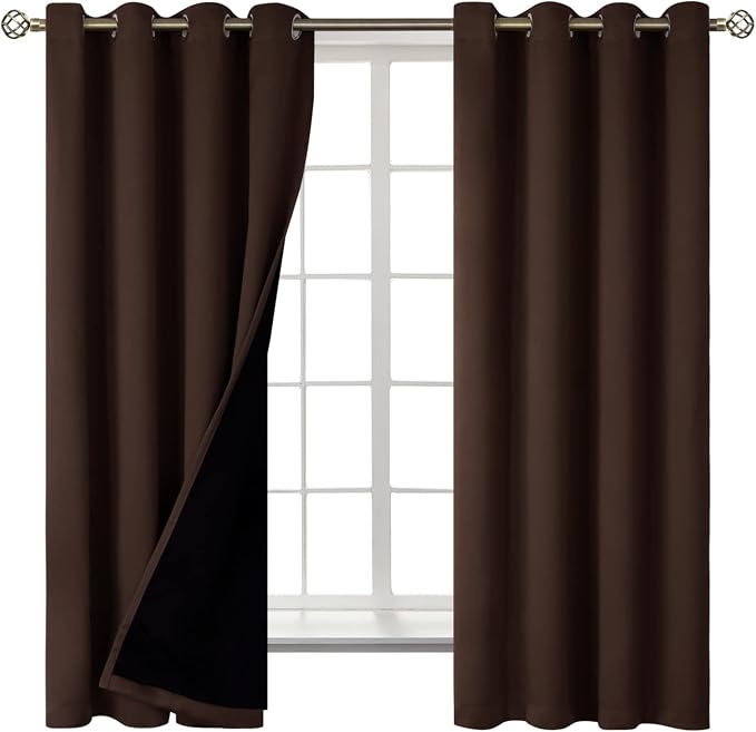 BGment Thermal Insulated 100% Blackout Curtains for Bedroom with Black Liner, Double Layer Full Room Darkening Noise Reducing Grommet Curtain (52 x 63 Inch, Brown, 2 Panels)