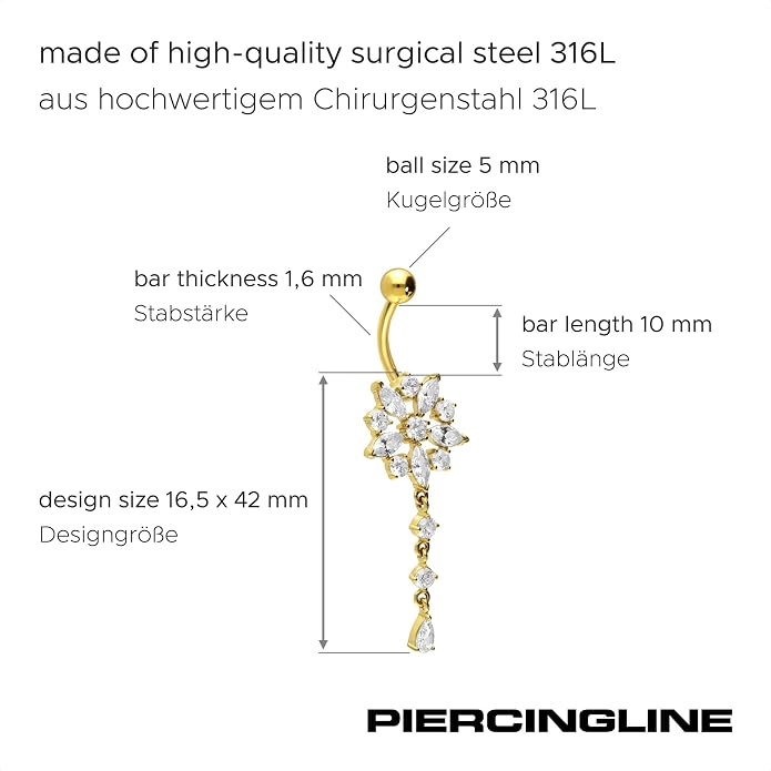 PIERCINGLINE surgical steel dangle belly button piercing with flower - belly button ring surgical steel, gold, silver, rosegold piercing - new version with improved durability