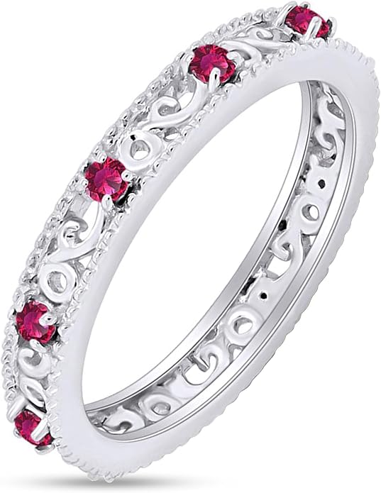 Jewel Zone US Filigree Eternity Wedding Band Ring for Women, Round Cut Simulated Gemstone Stackable Promise Ring in 14K Gold Plated 925 Sterling Silver Band Width 3.5mm – Elegant Jewelry for Her