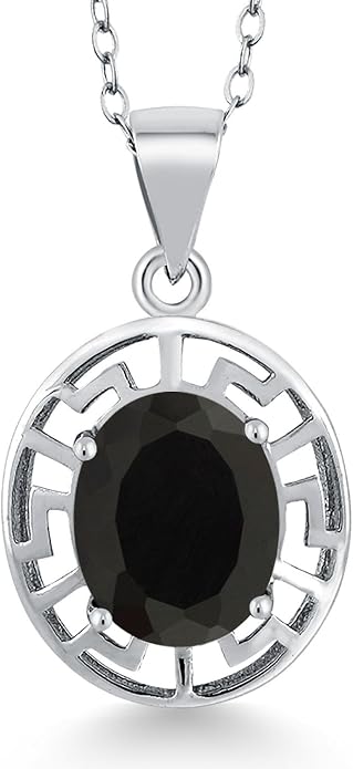 Gem Stone King 925 Sterling Silver 10X8MM Oval Gemstone Birthstone Necklace | Greek Key Pendant Necklace for Women | With 18 Inch Silver Chain