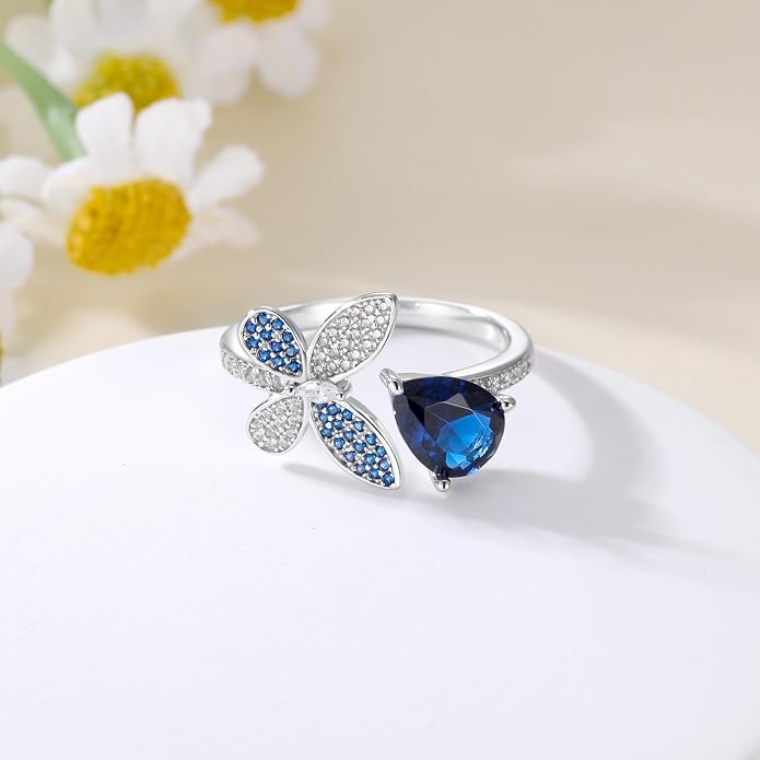 925 Sterling Silver Drangonfly/Butterfly Open Finger Rings Adjustable Dainty Gemstone Sapphire Emerald Green Ring for Women Round/Pear/Princess Engagement Promise Ring