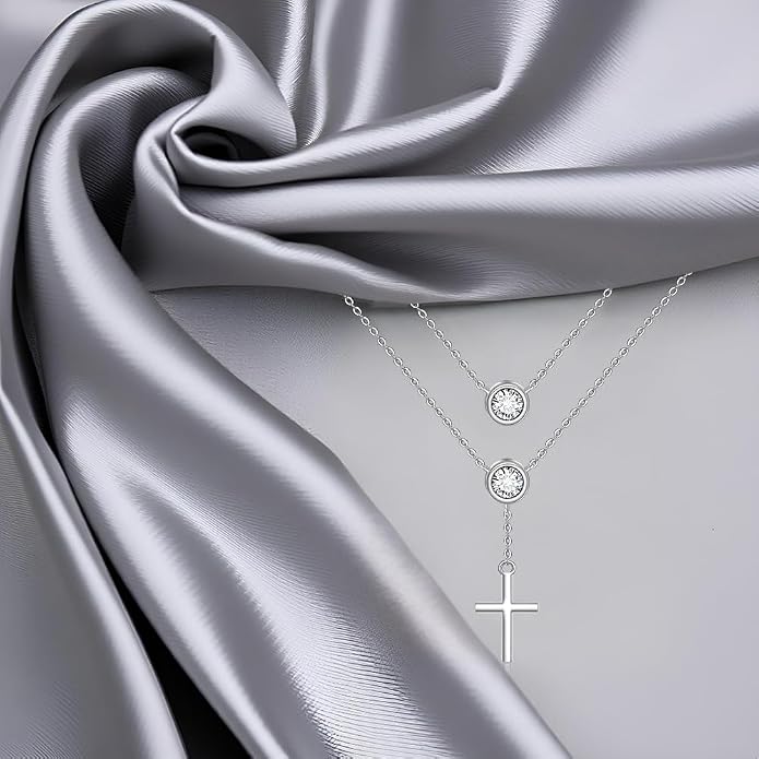 Layered Necklaces for Women S925 Sterling Silver 14k Gold Plated Cross Jesus Tulip Birth Month Flower Necklace Pendant Jewelry Mothers Day Birthday Gifts
