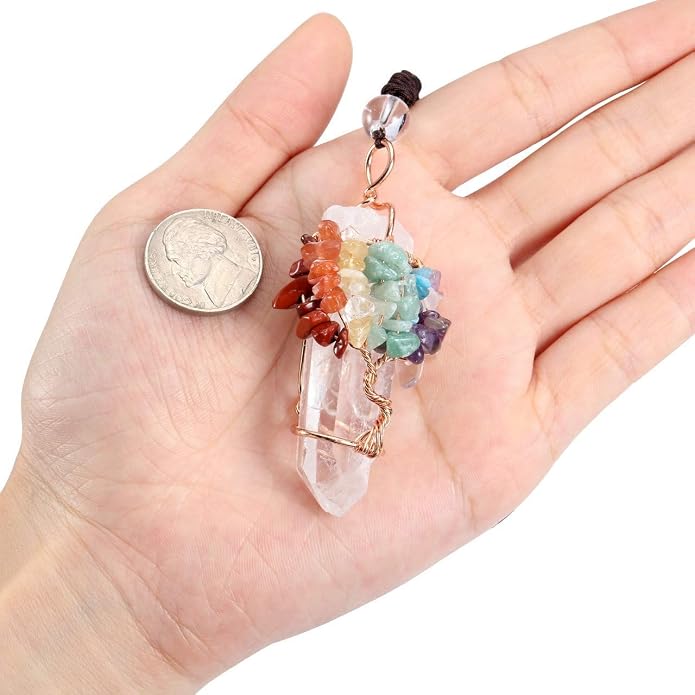 Jovivi 7 Chakra Gemstone Wire Wrapped Natural Clear Quartz Healing Crystal Point Pendant Necklace for Women Mother's Day Gift