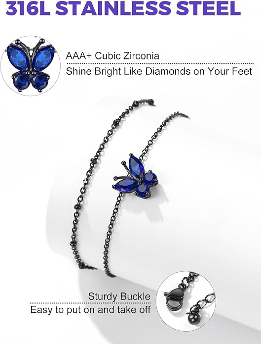Richsteel Double Layer Heart/Butterfly Birthstone Anklet for Women Non Tarnish Waterproof, Silver/Gold/Black Stainless Steel 8.5-10.5 Inch Adjustable Chain Anklets Jewelry Gifts for Her