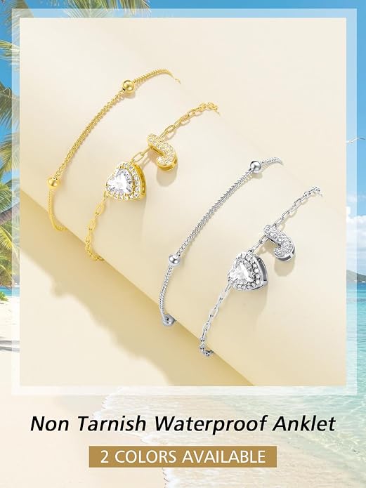 FindChic Silver/14K Gold Plated Layered CZ Initial Ankle Bracelet for Women | Waterproof Stainless Steel, Cubic Zirconia Letter Charm, Non-Tarnish, Hypoallergenic, Adjustable Extender, Summer Jewelry
