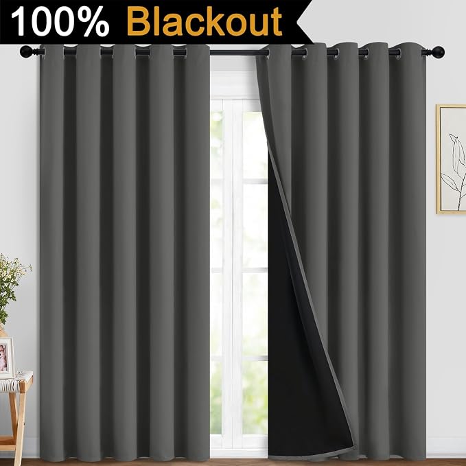Yakamok Dark Grey 100% Blackout Curtains 84 Inches Long 70" Wide 2 Panels | Blackout Curtain Panels for Bedroom, 2 Thick Layers Grommet Top Thermal Insulated Drapes with Black Liner for Living Room