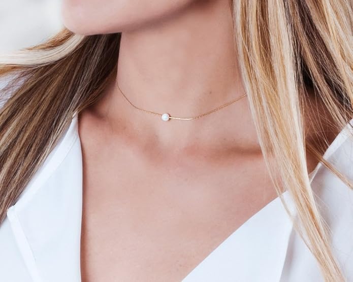 Opal Bead Choker Necklace – Rose and Gold Filled or Sterling Silver, Blue or White Opal Ball, Dainty Minimalist Jewelry 13.5"-16.5"