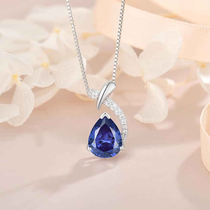 Teardrop Birthstone Necklace for Women,925 Sterling Silver Pear Cut Zircon Gemstone Pendant Necklace for Birthday Engagement Anniversary Wedding Jewelry