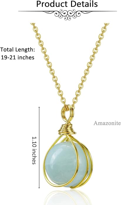 Jovivi Healing Crystal Stone Pendant Necklace Gold Wire Wrapped 16mm Natural Round Gemstone Ball Crystal Necklace for Women Men Reiki Quartz Jewelry