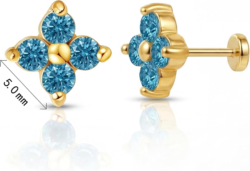 FANSING Short Threadless Cartilage Earring Stackable CZ Birthstone Flat Back Earrings for Women Small Stud Earrings for Tragus Helix Earlobe 18K Gold Plated ‌Rainbow 5.0mm