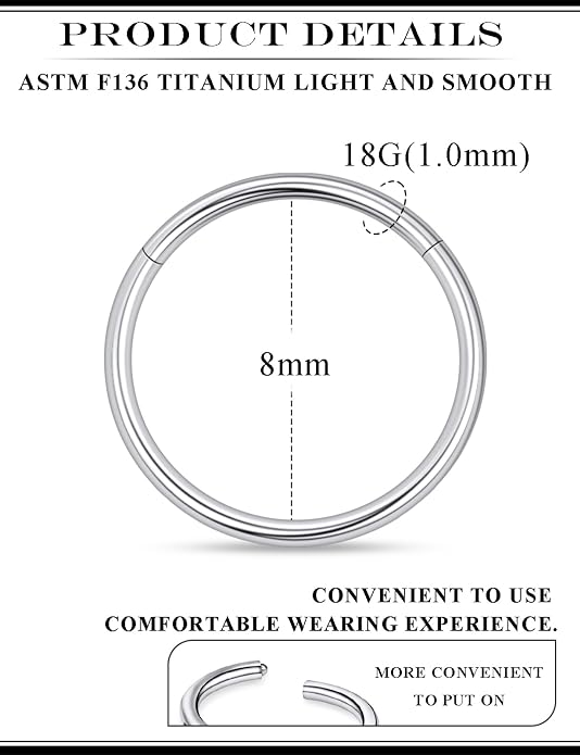20G 18G 16G 14G 12G 10G 8G 6G 4G 2G Nose Rings Hoops Astm F136 Titanium Clicker Septum Lip Ring Tragus Helix Daith Rook Conch Snug Cartilage Lobe Earrings Hoop Piercing Jewelry For Women Men